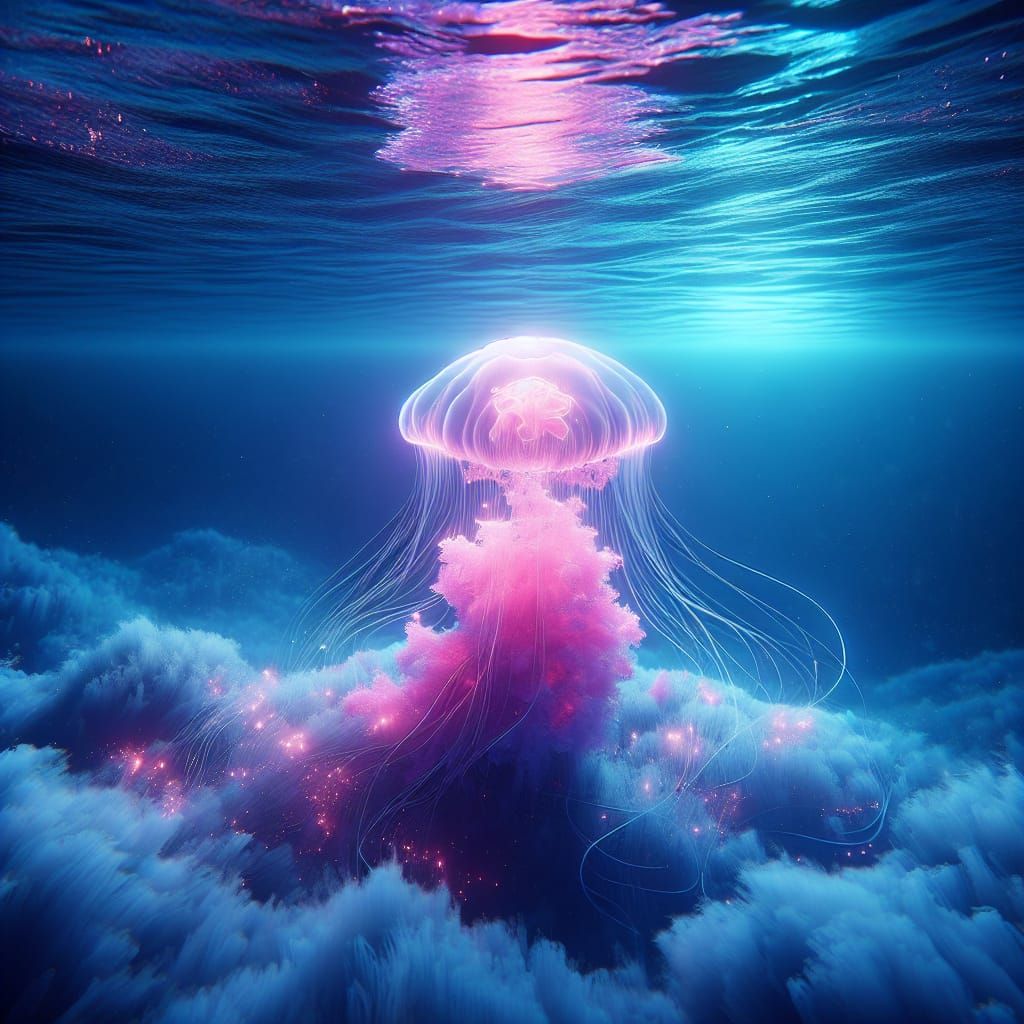 Bioluminescent Jellyfish in Tropical Ocean at Night