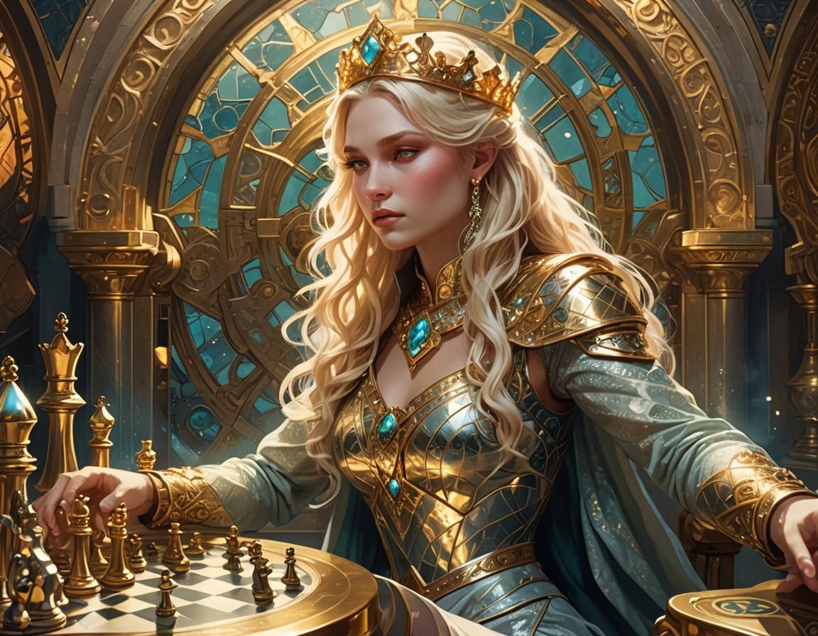 Blonde Queen Playing Chess in Art Nouveau Style