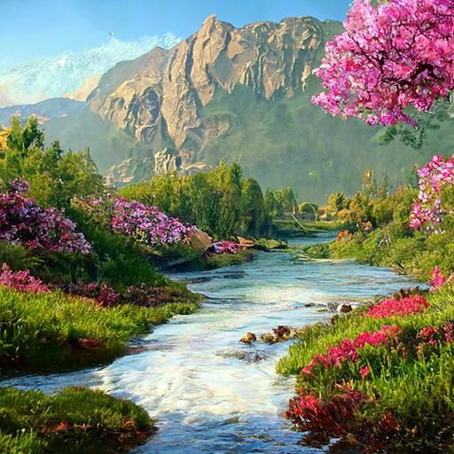 Springtime River Valley Landscape in Hyperrealism