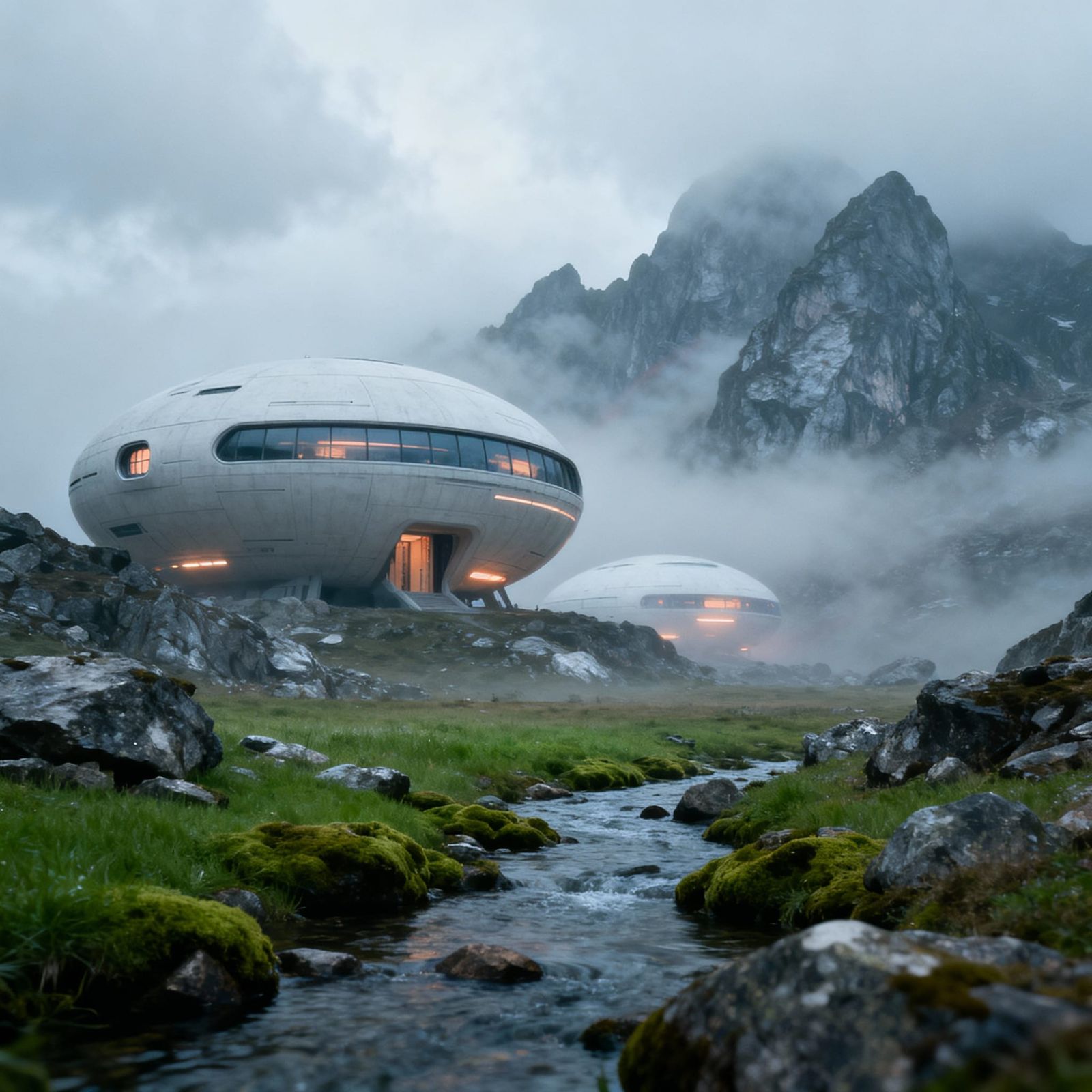 Futuristic Spherical Buildings in Misty Mountain Landscape