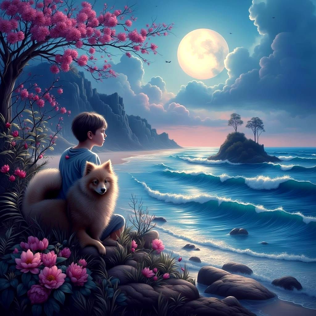 Moonlit Silhouette: Boy and Dog Overlook Ocean