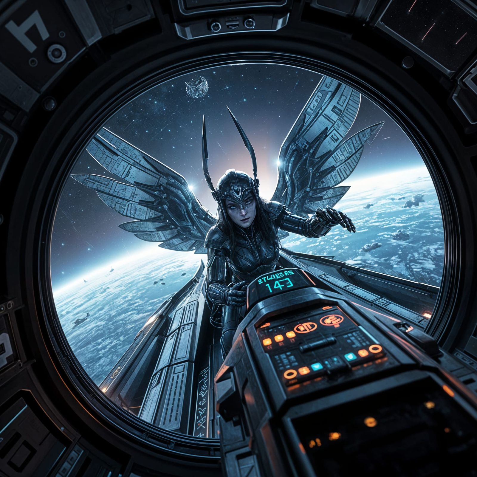 Cybernetic Valkyrie in Futuristic Spaceship