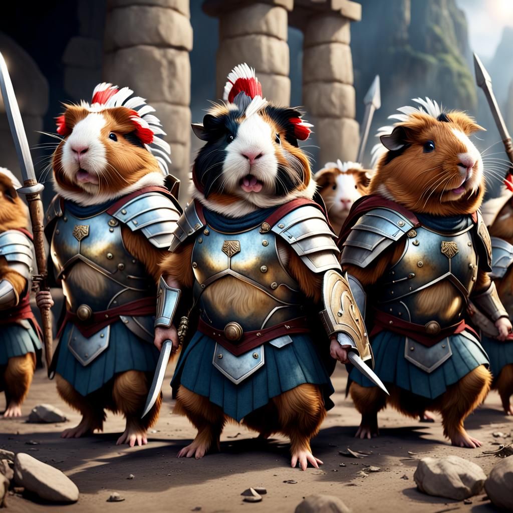 Guinea Pigs as Spartan Warriors, Detailed Digital Art