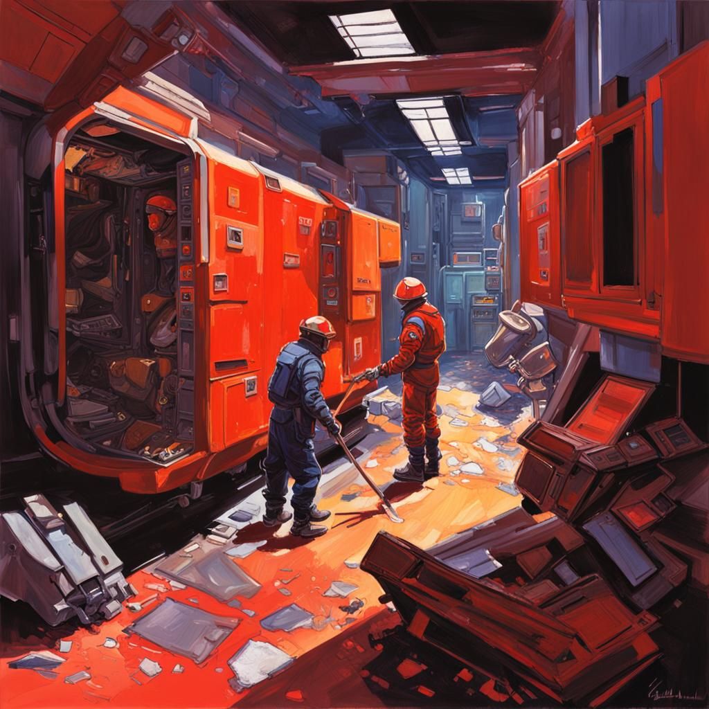 Scutters Cleaning Red Dwarf: Gouache Style Painting