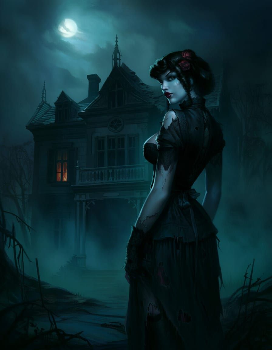 Gothic Pinup Girl in Moonlit Mansion, Dark Fantasy Art