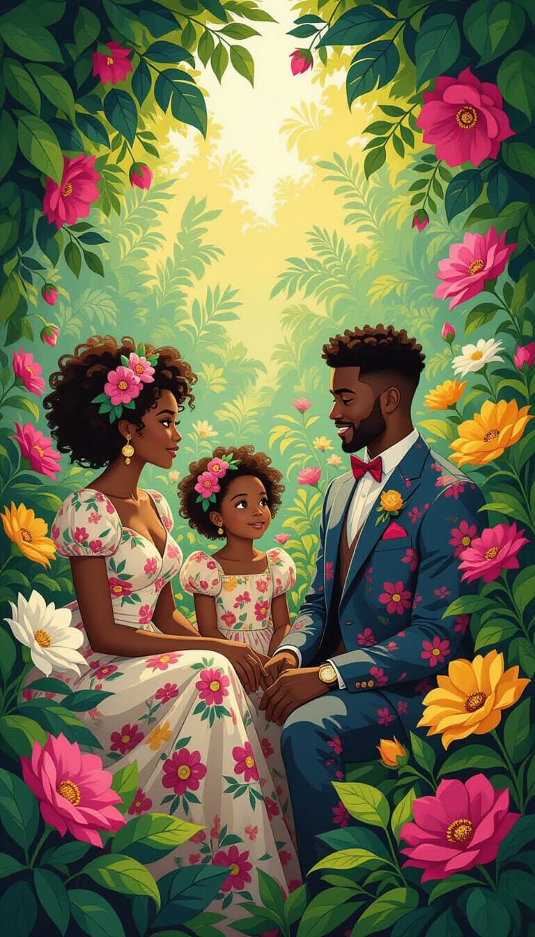 Fashionable Adults in Lush Garden, Whimsical Cartoon Style