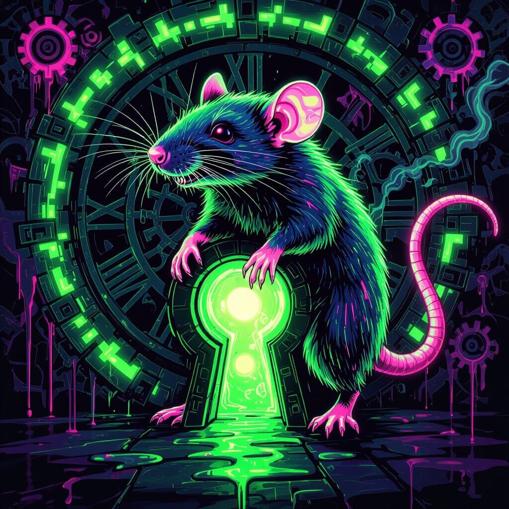 Evil Neon Rat Through Glowing Keyhole in Graffiti Style