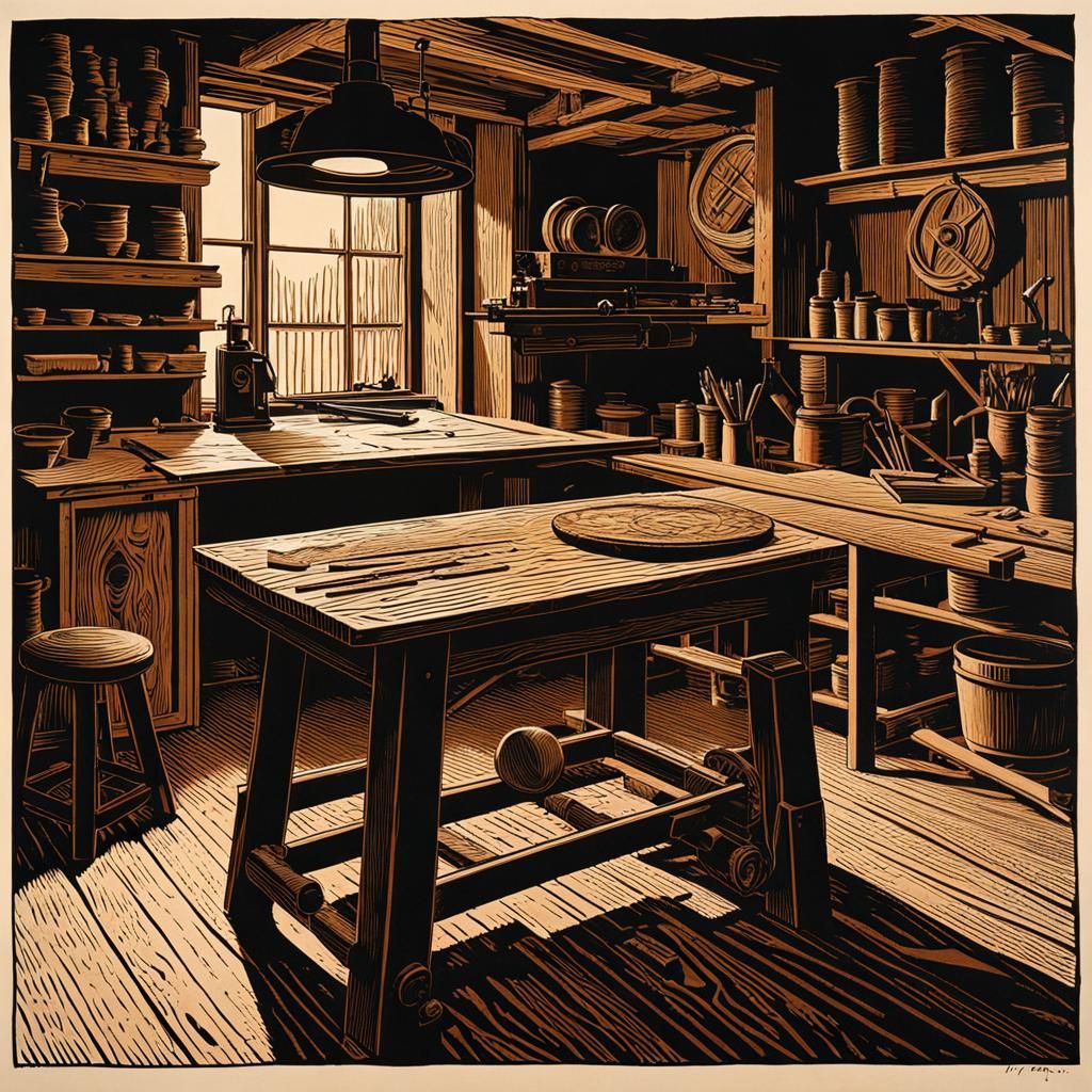 Woodcut Print: Woodblock Printmaker's Workbench
