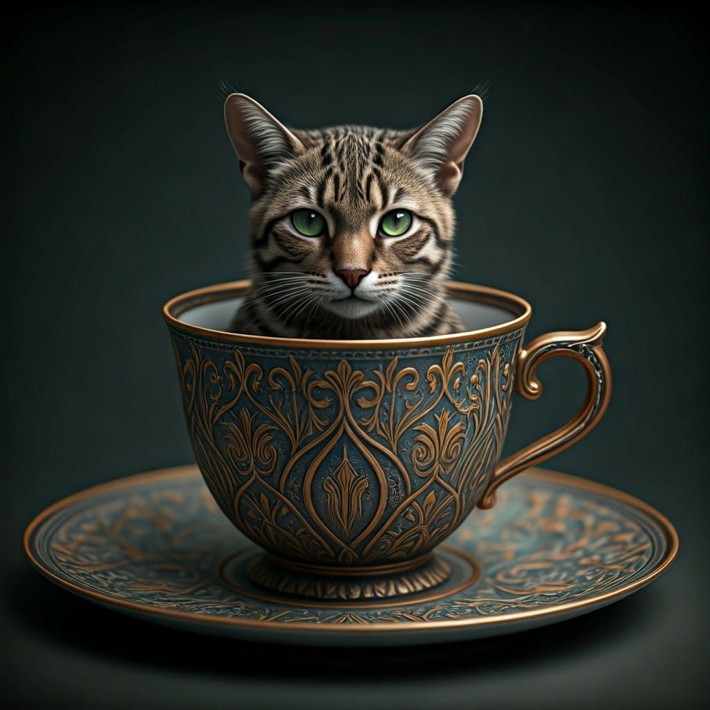 Whimsical Biopunk Cat in a Teacup