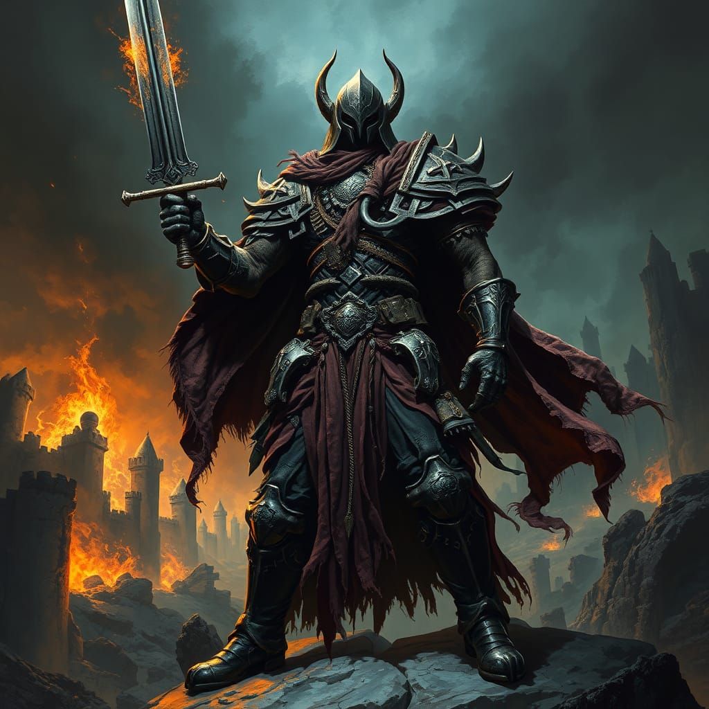Victorious Armored Warrior in a Gothic Landscape