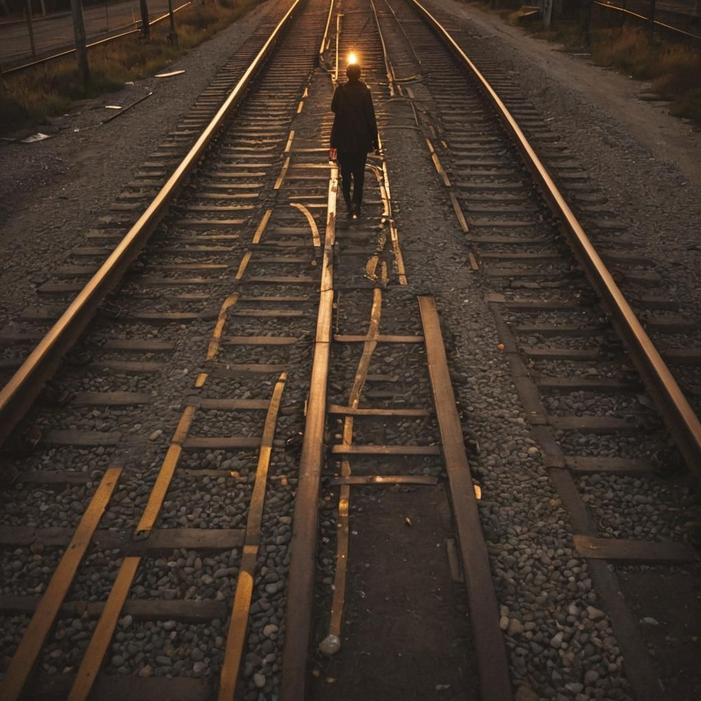 Surreal Figure at Railway Crossing in Abstract Style