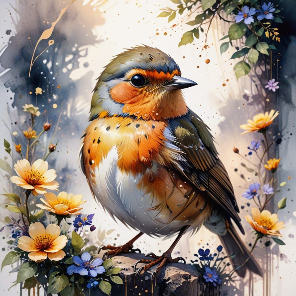 Proud Robin with Gold Medal, Watercolor Style