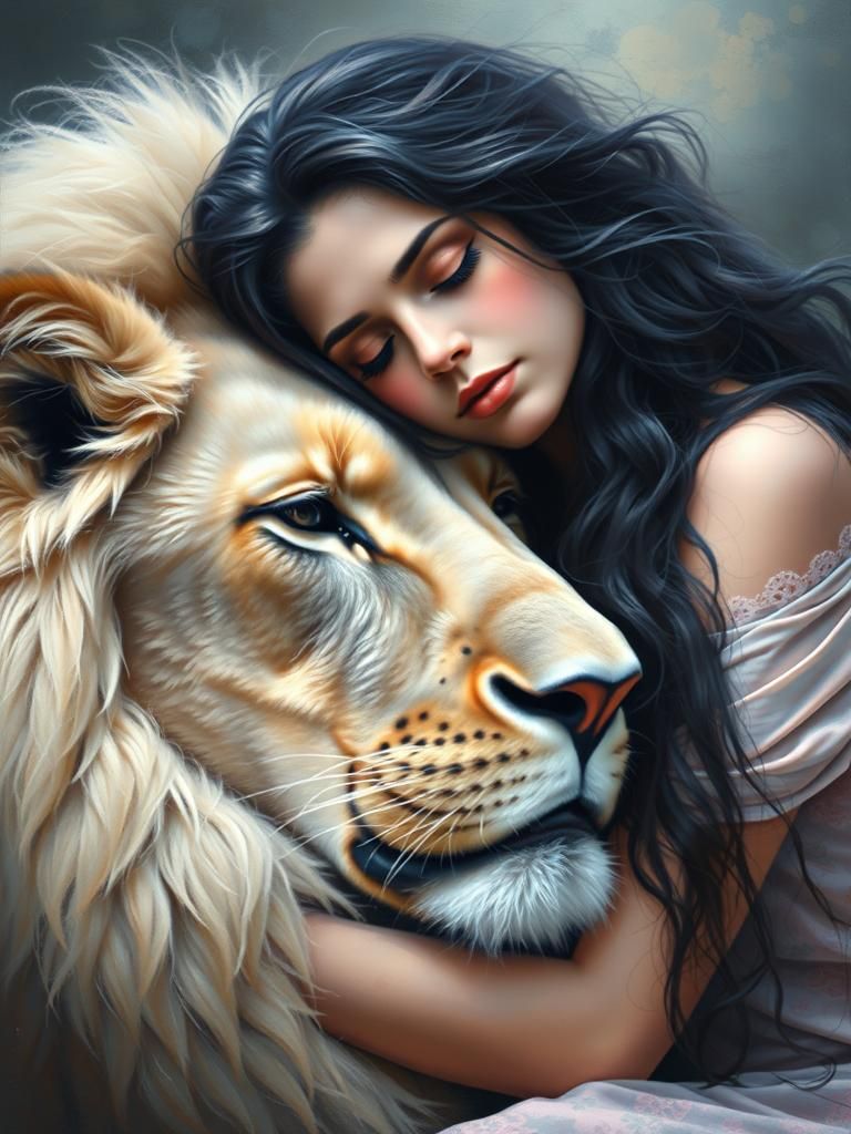 Woman and Lion in Realistic Oil Painting