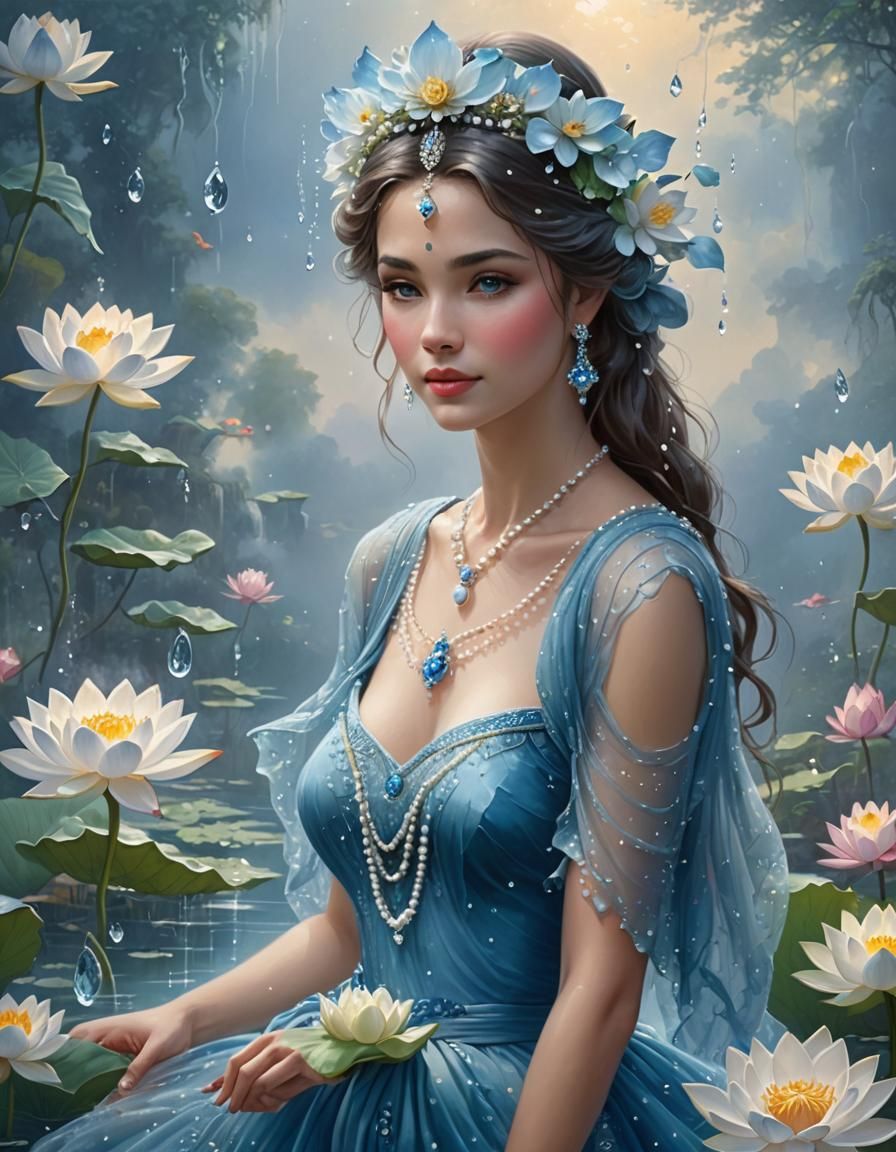 Ethereal Woman in Blue Dress with Lotus Flowers