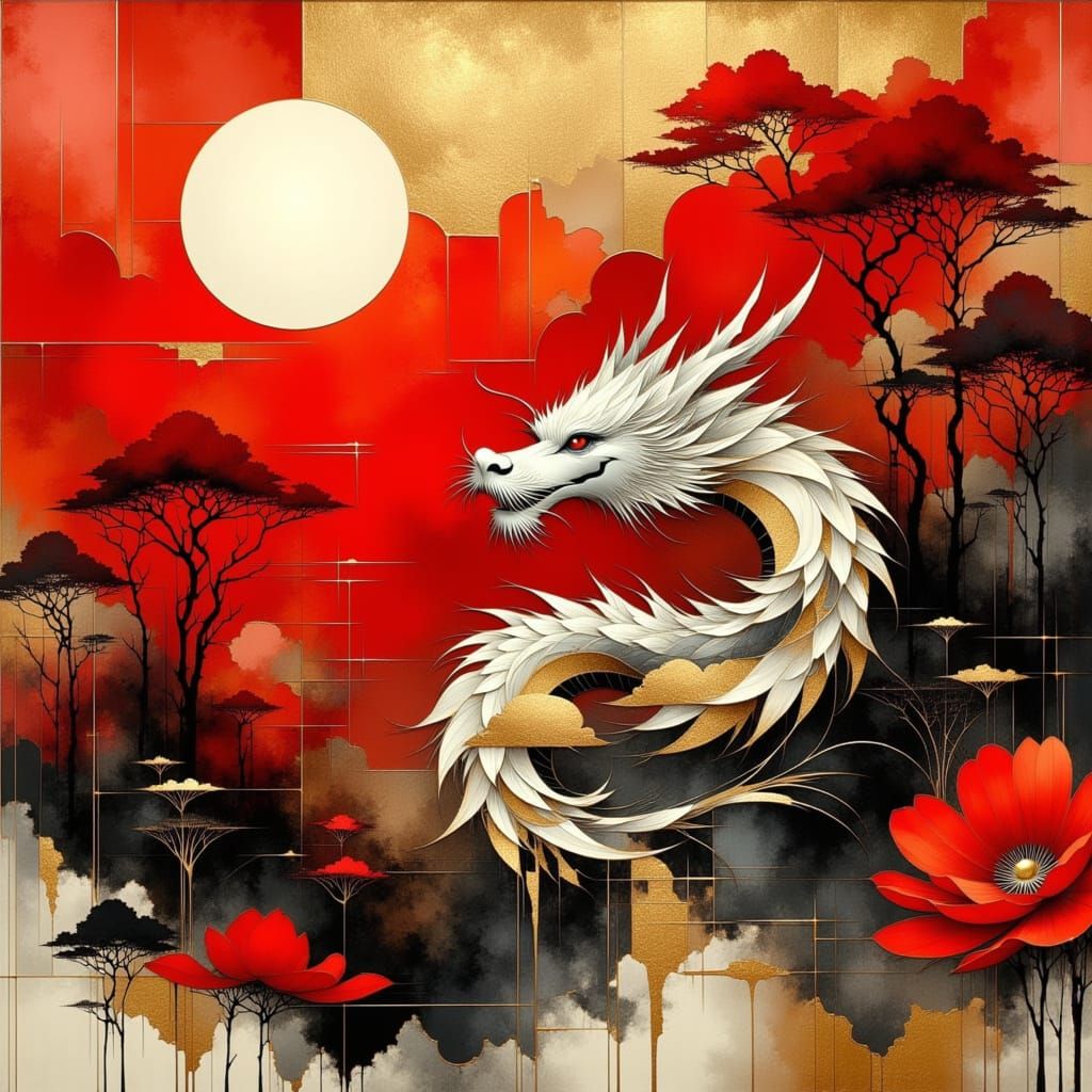 Red Dragon Ink Bleed on Silk in Romanticism Style