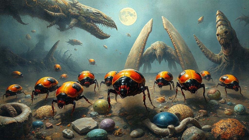 Mystical Oceanic Landscape with Racing Beetles in Vibrant Go...