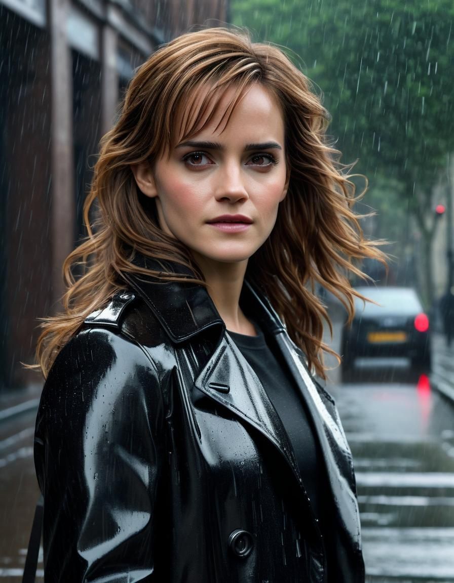Woman in Black Leather Trench Coat in Rainy London