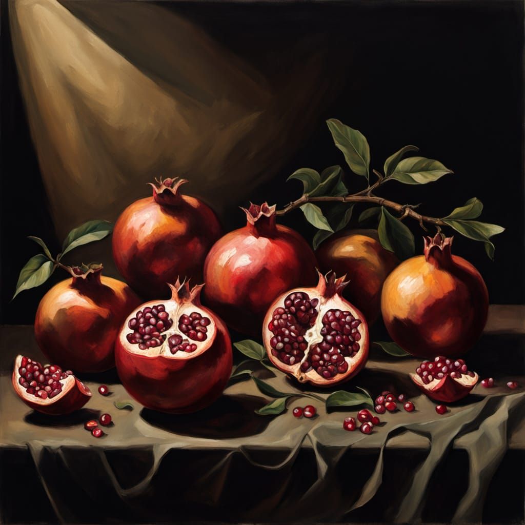 Oil Painting Still Life with Pomegranates in Chiaroscuro Lig...