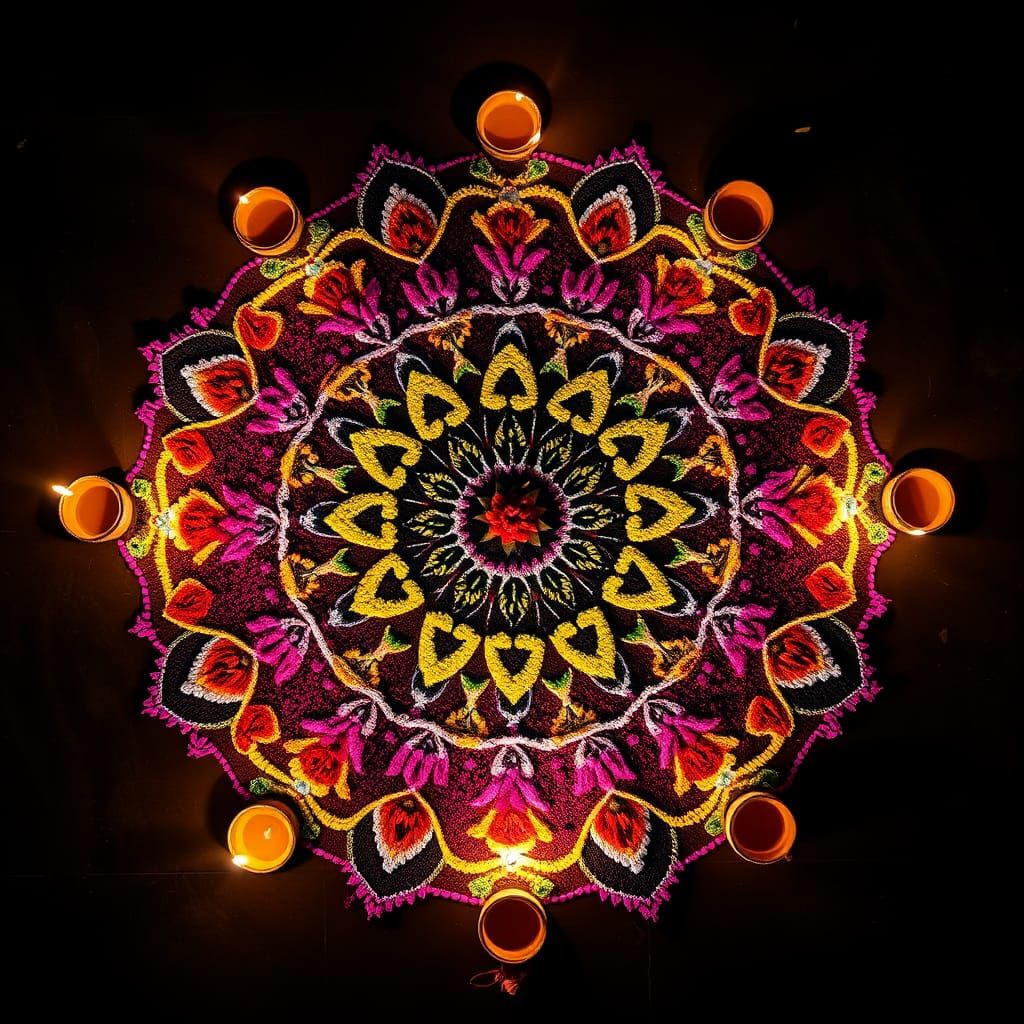 A colorful rangoli during Diwali with diyas. Realistic. Top ...