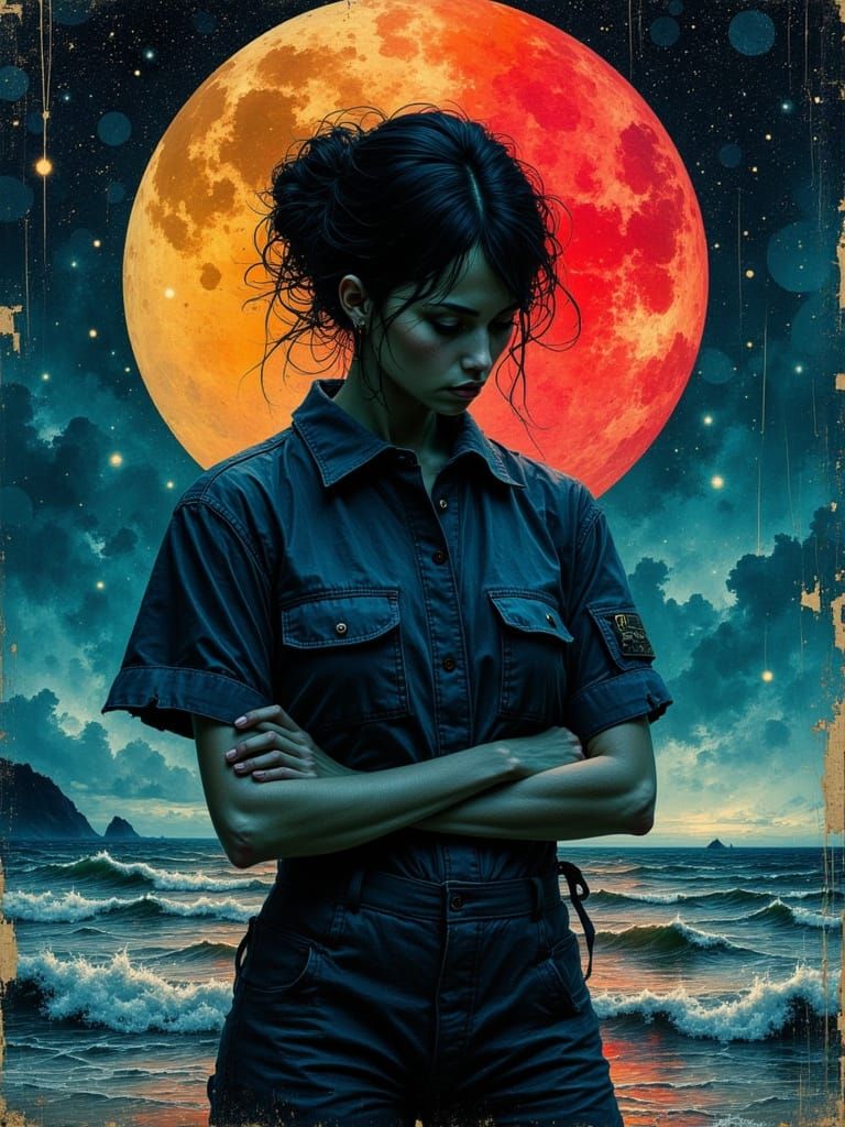 Woman Merged with Blood Moon and Turbulent Ocean