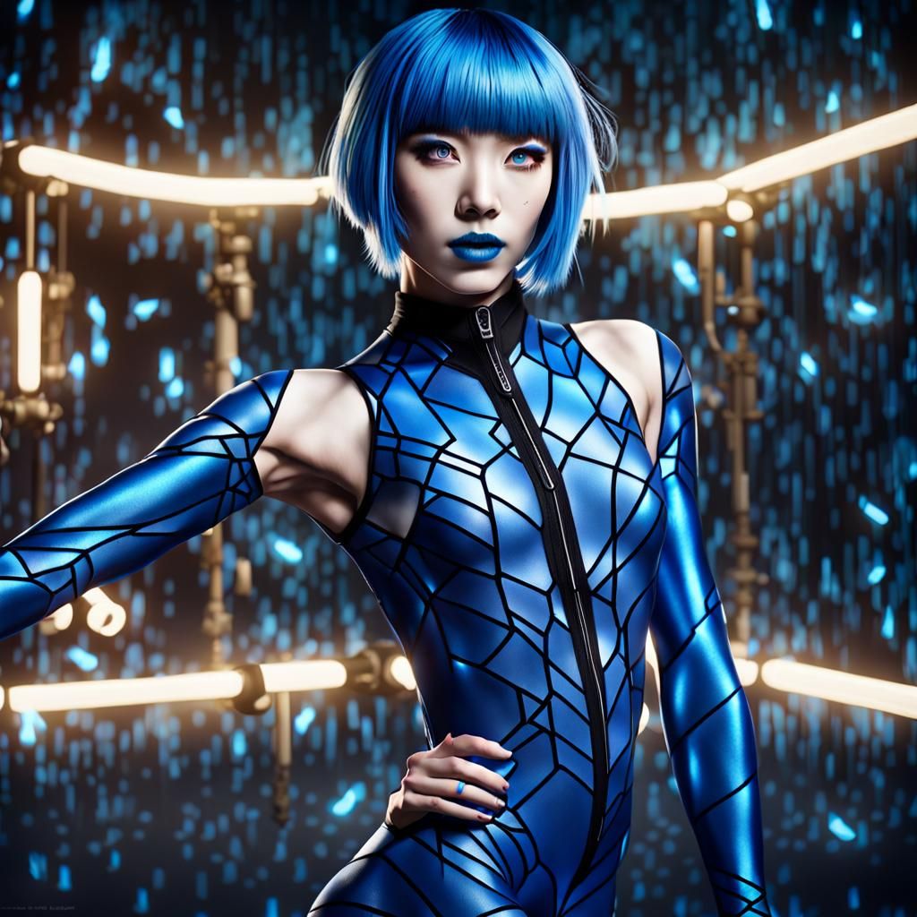 Athletic Blue-Skinned Woman Surrounded by Lightning