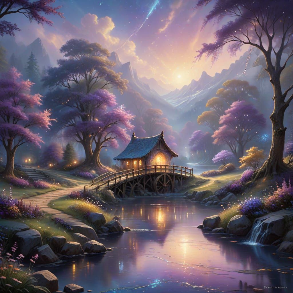 Ethereal Cosmic River Landscape in Golden Light