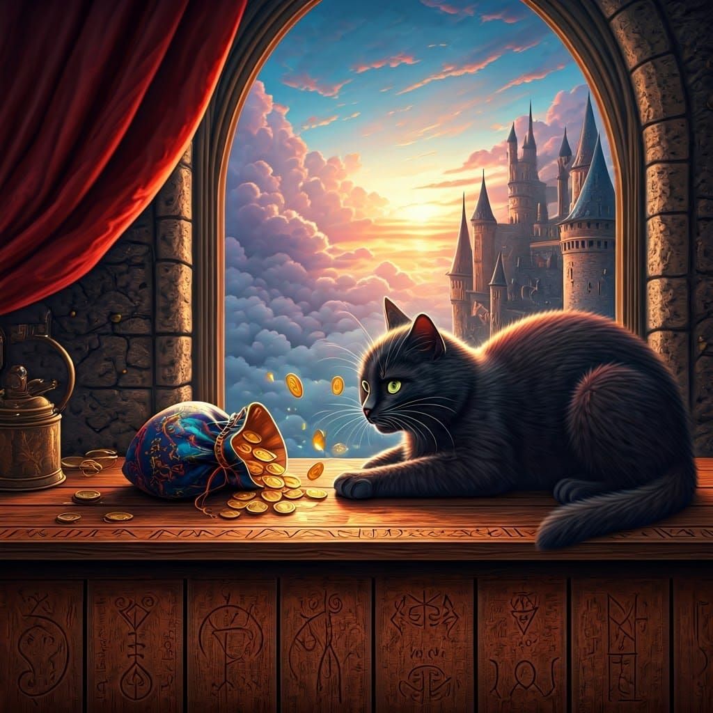 Mystical Cat Reveals Treasure in Whimsical Sunset Castle