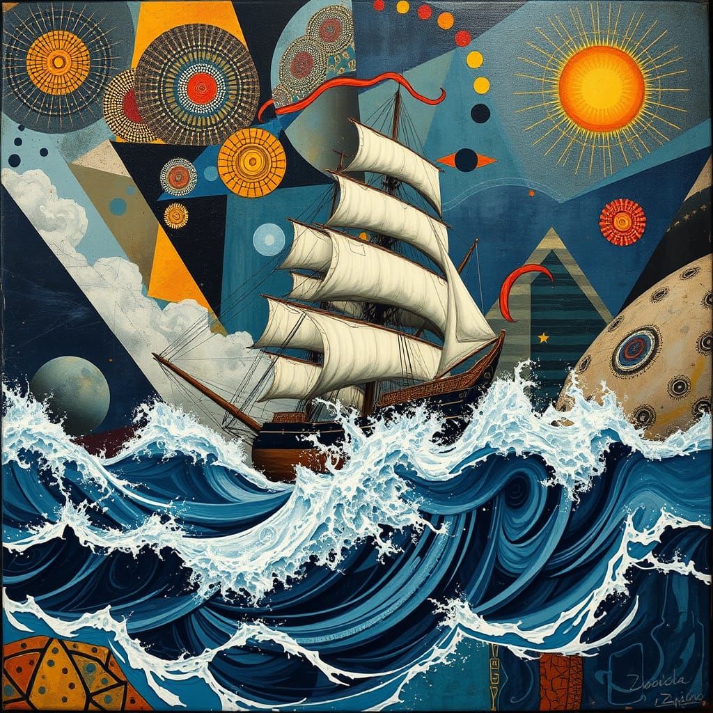 Sailing Ship Bursts Through Stormy Seas as Mixed Media Colla...