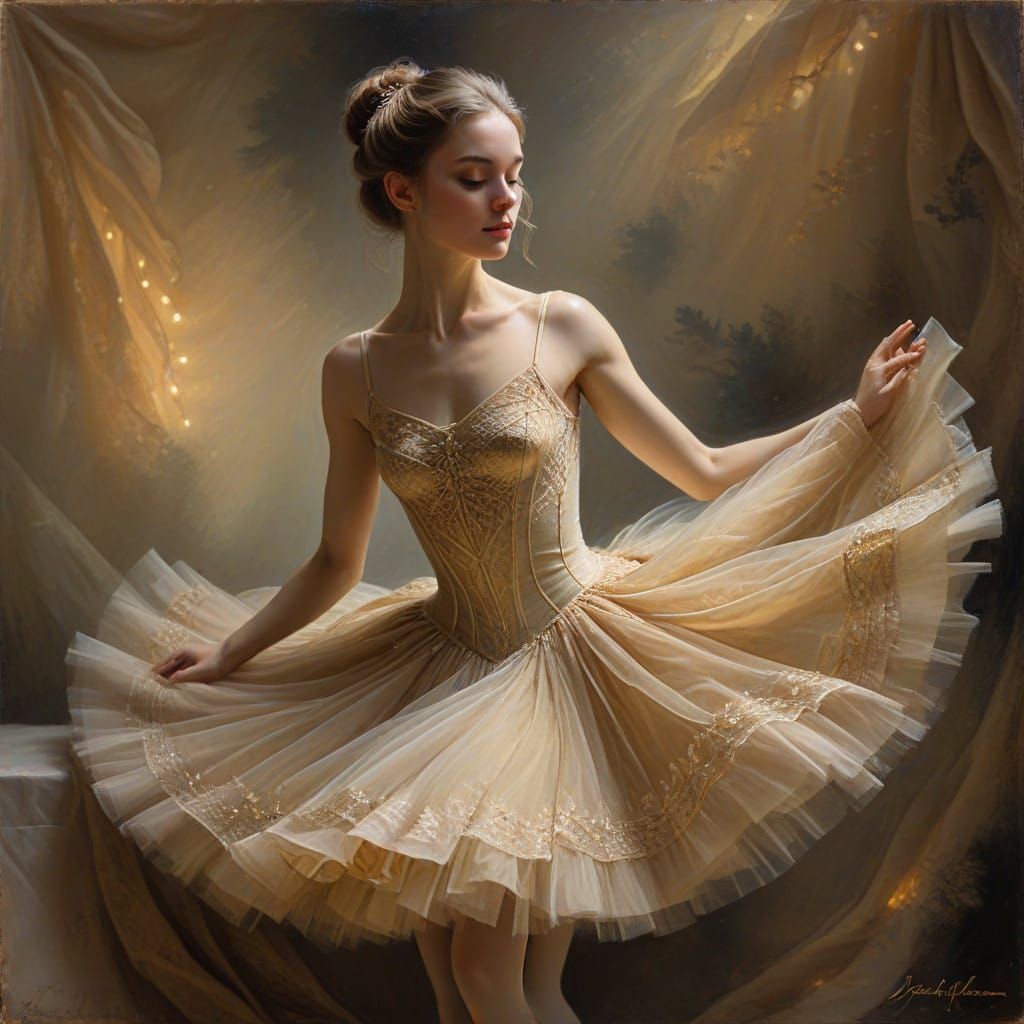 Serene Ballerina in Elegant Tutu, Captivating Golden Lightin...
