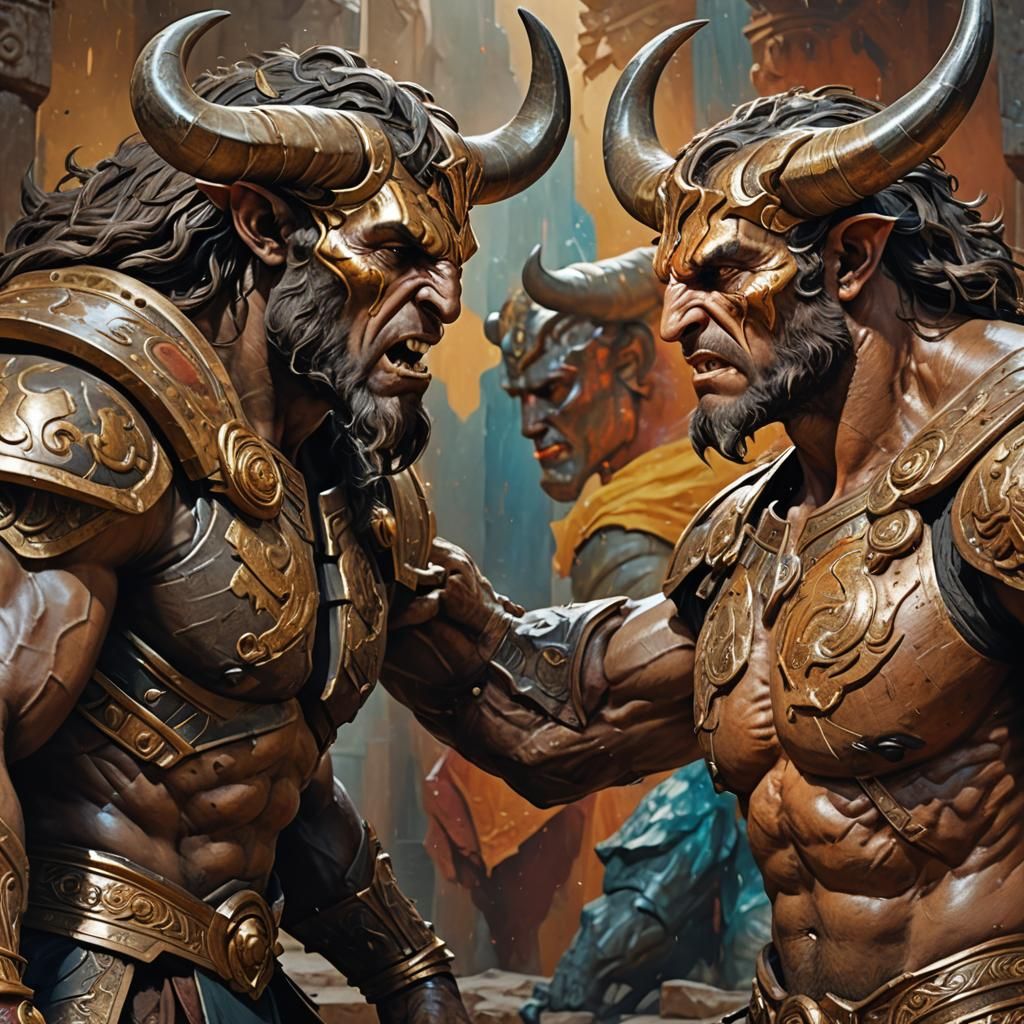 Minotaur and Theseus Hyperrealistic Concept Art