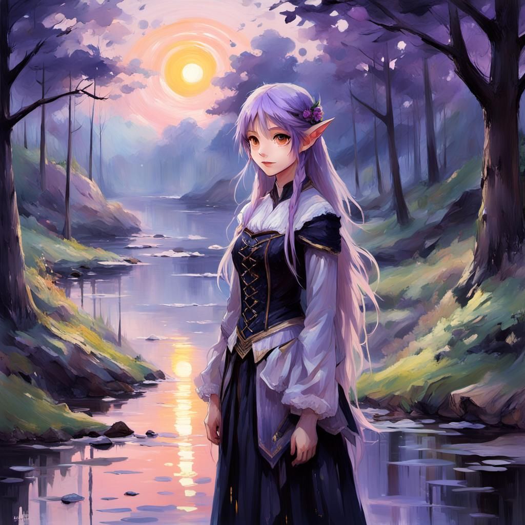 Enchanting Elf in Impressionist Forest at Sunset