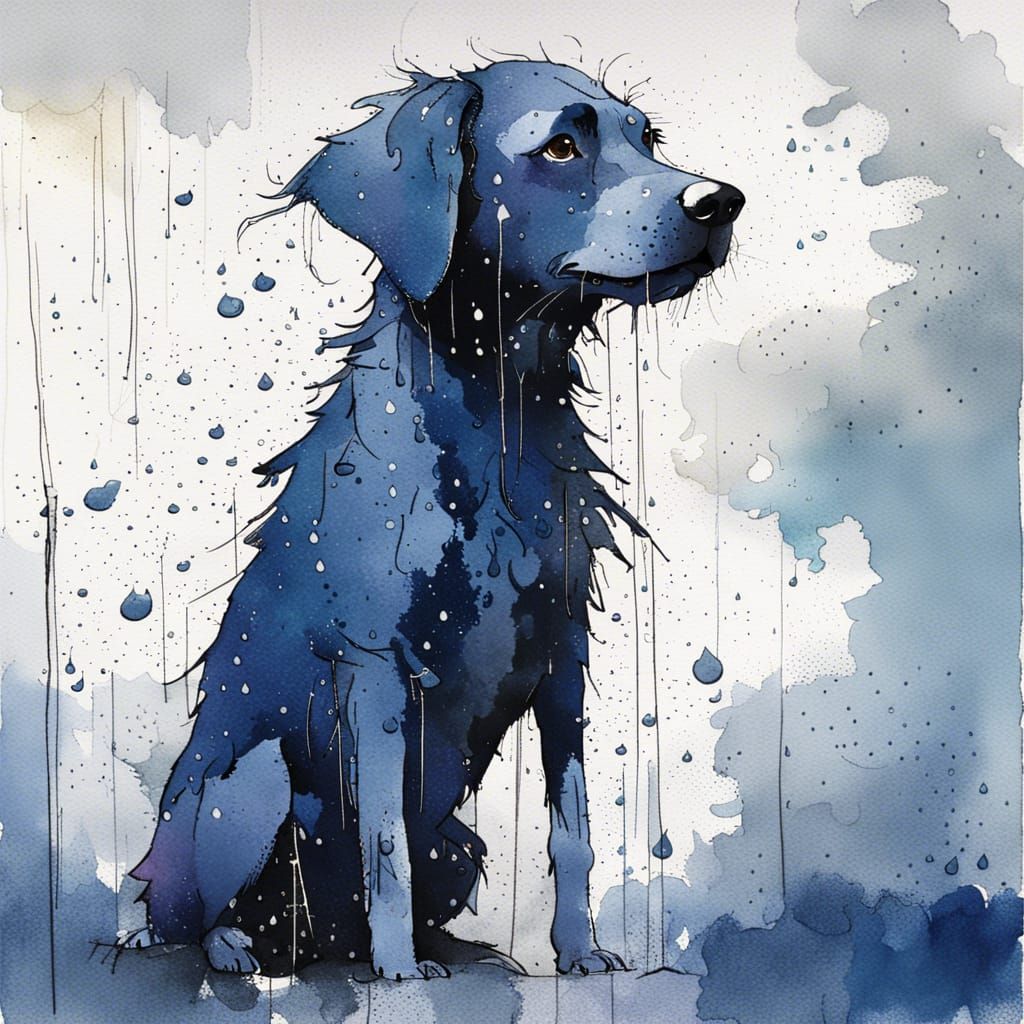 Blue Dog in Rain, Watercolor Style