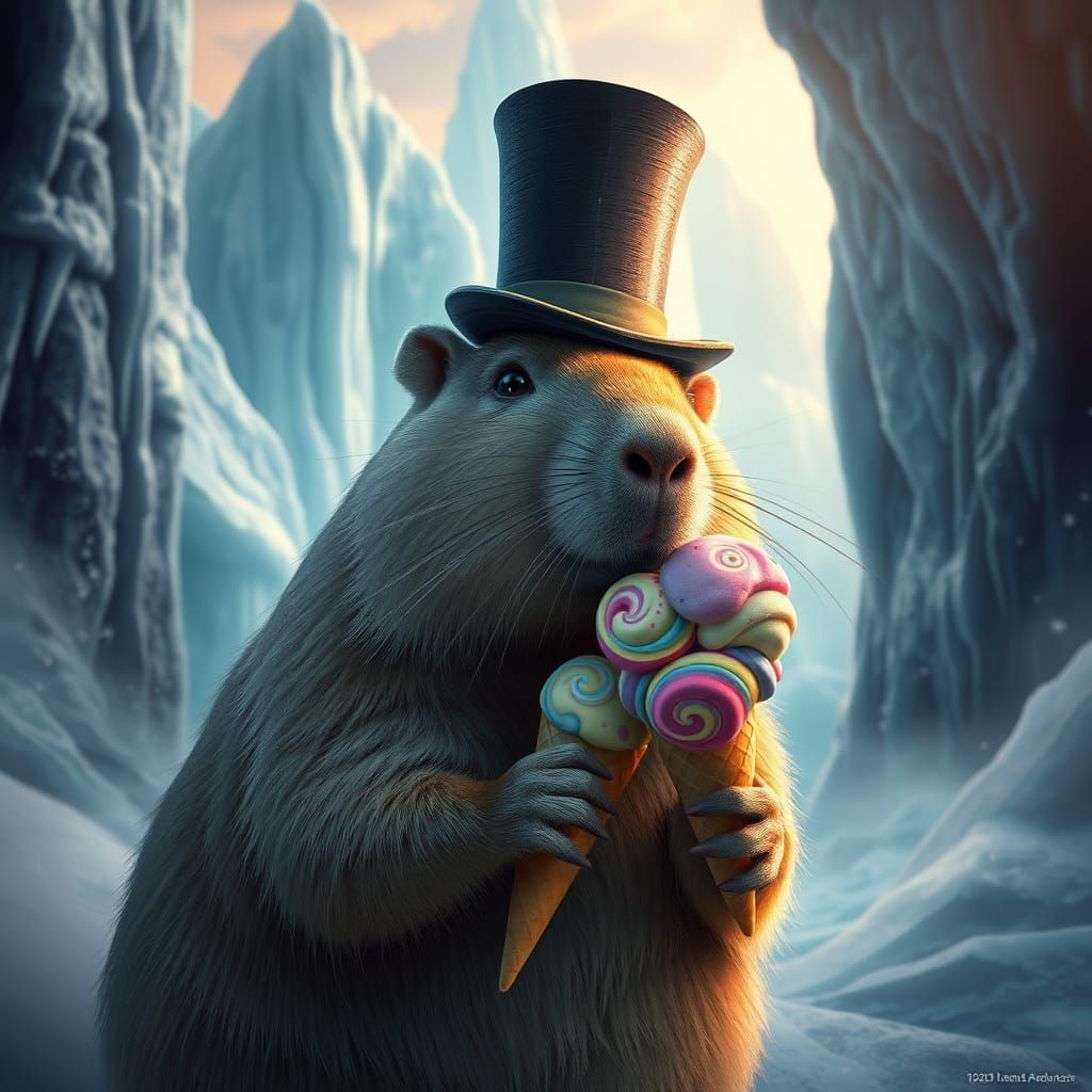 Whimsical Capybara Enjoys Ice Cream in a Fantastical Icy Won...