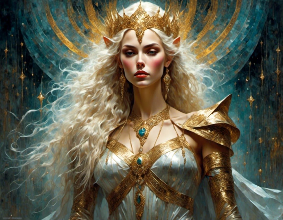 Intense Elven Queen with Golden Hair, Art Deco