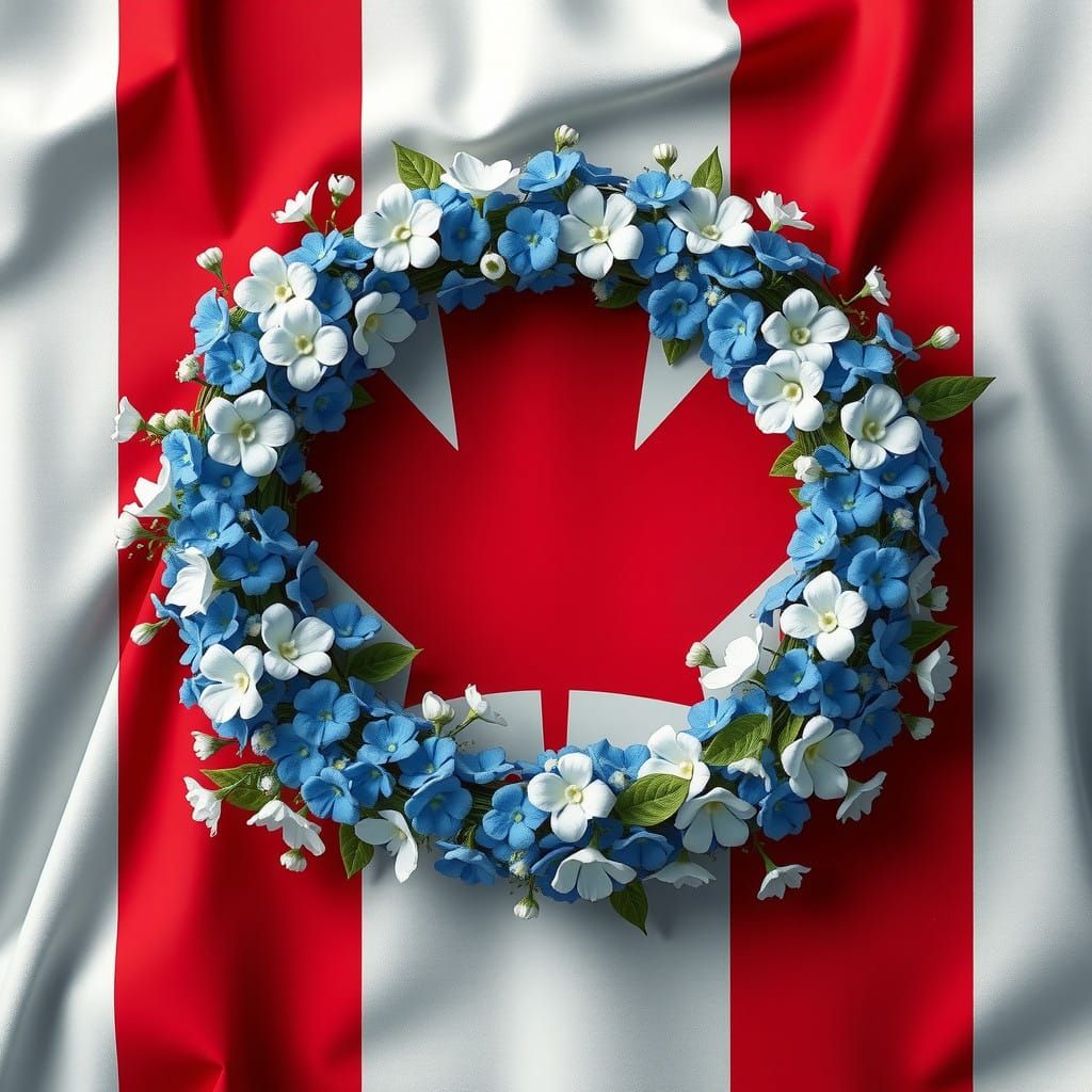 Majestic Blue and White Floral Wreath Against a Red and Whit...