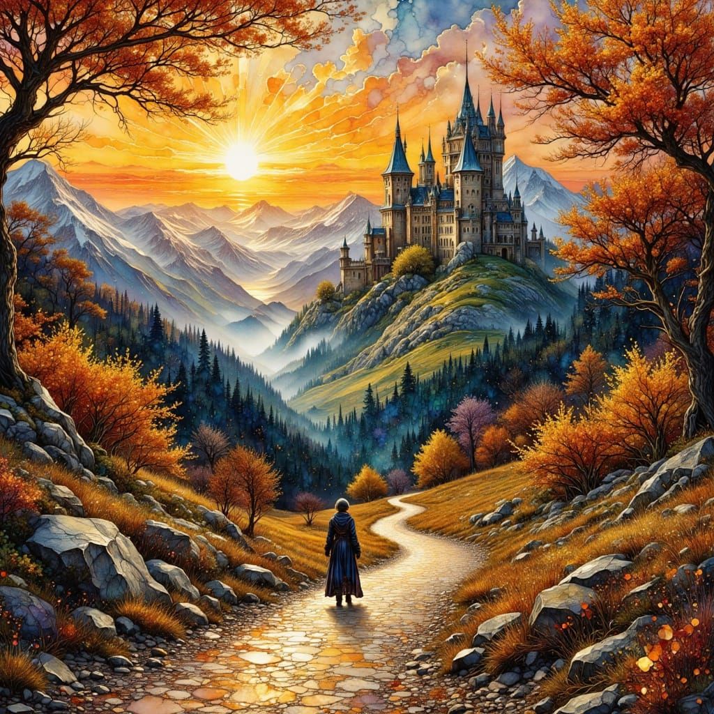 Fantasy Gothic Castle Sunset in Impressionist Style