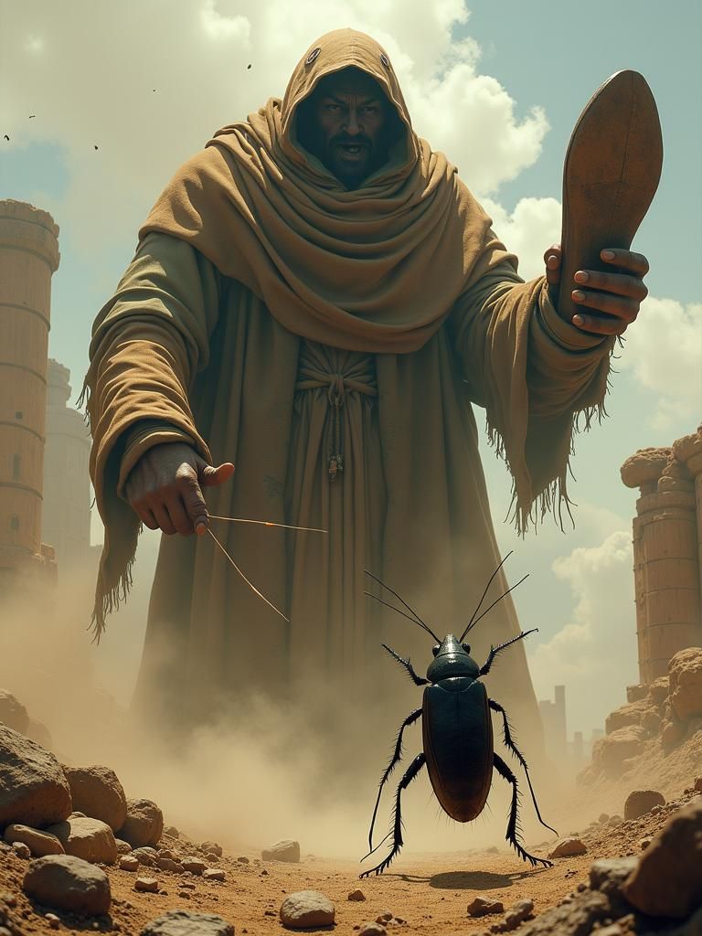 Colossal Human Threatens Cockroach in Ruins