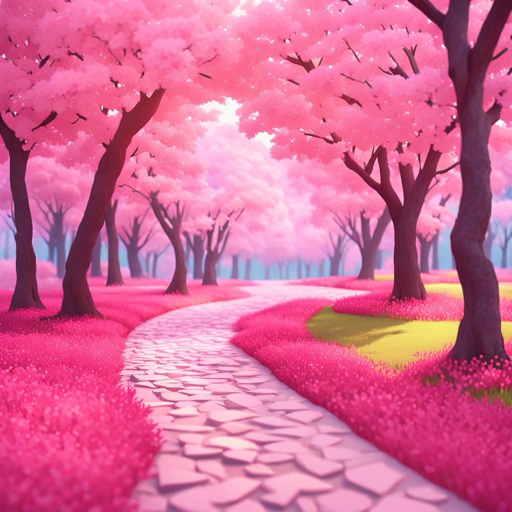Pink Sakura Forest in Low-Poly 3D Style