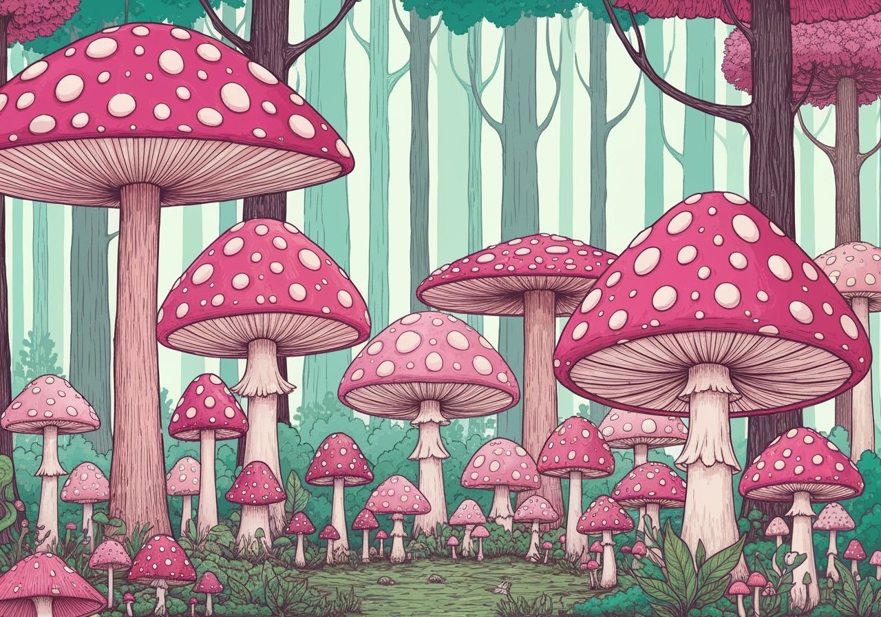 Vibrant Pink Mushroom Forest Illustration
