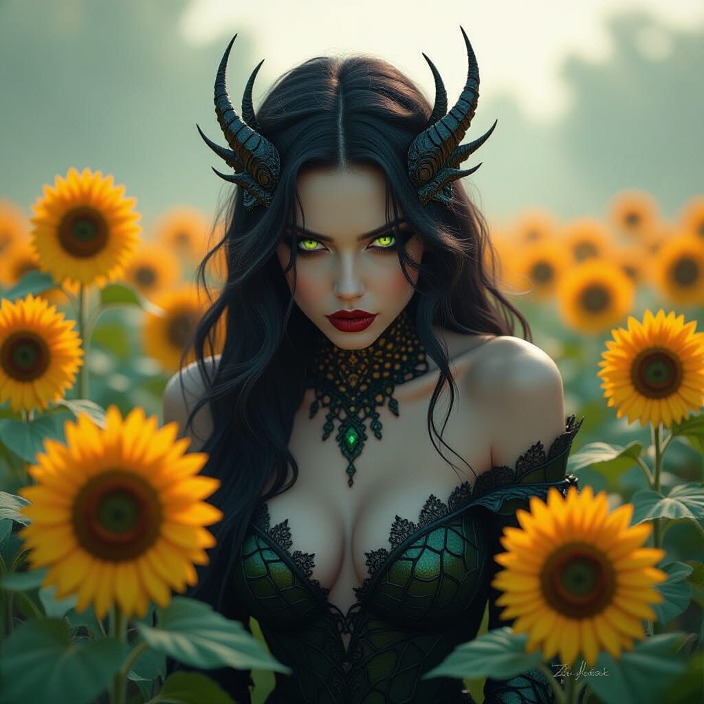 Vengeful Siren Recoils From Sunflowers in Dark Fantasy Style