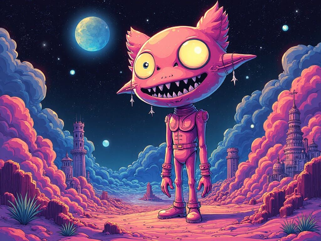 Intense Cartoon Birds in Surreal Landscape