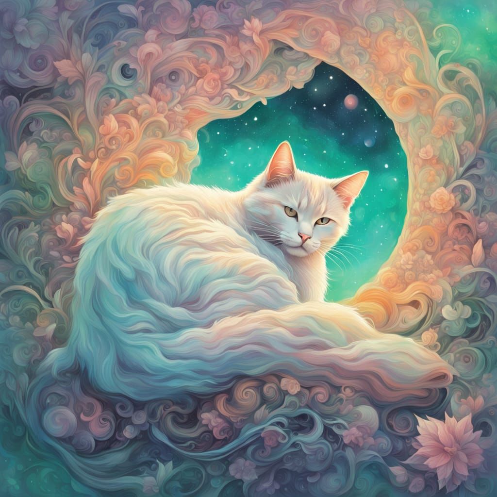 Cosmic Calico Dreamscape in Ethereal Pastels