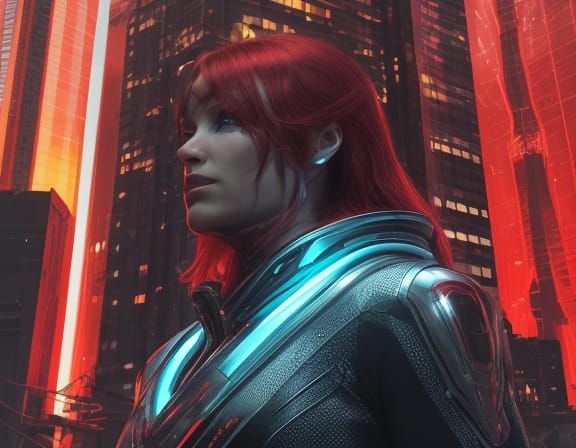 Sci-Fi Redhead in Futuristic City, Hyper-Realistic Art