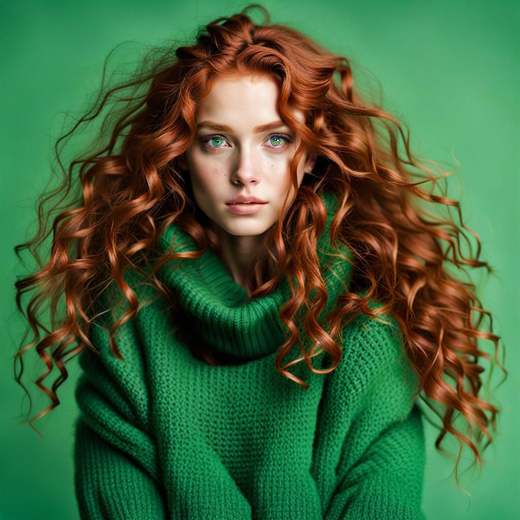 Red-Haired Girl with Freckles and Green Sweater
