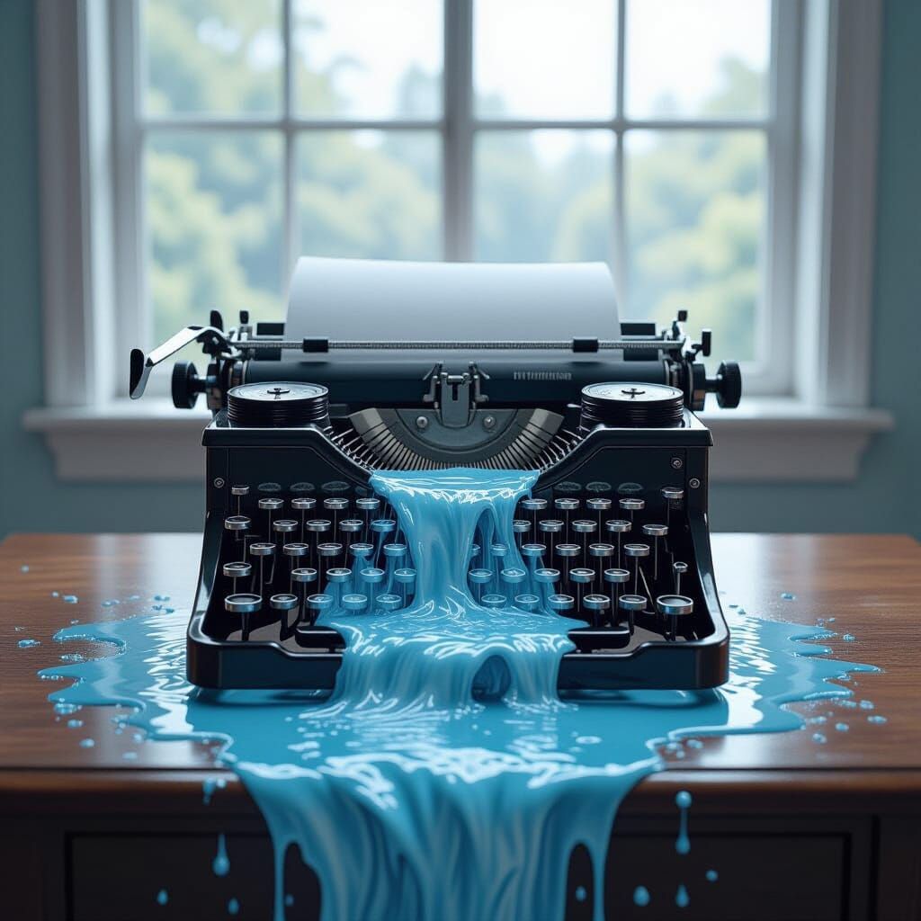 Typewriter Waterfall: Surreal Monochrome Writing Metaphor