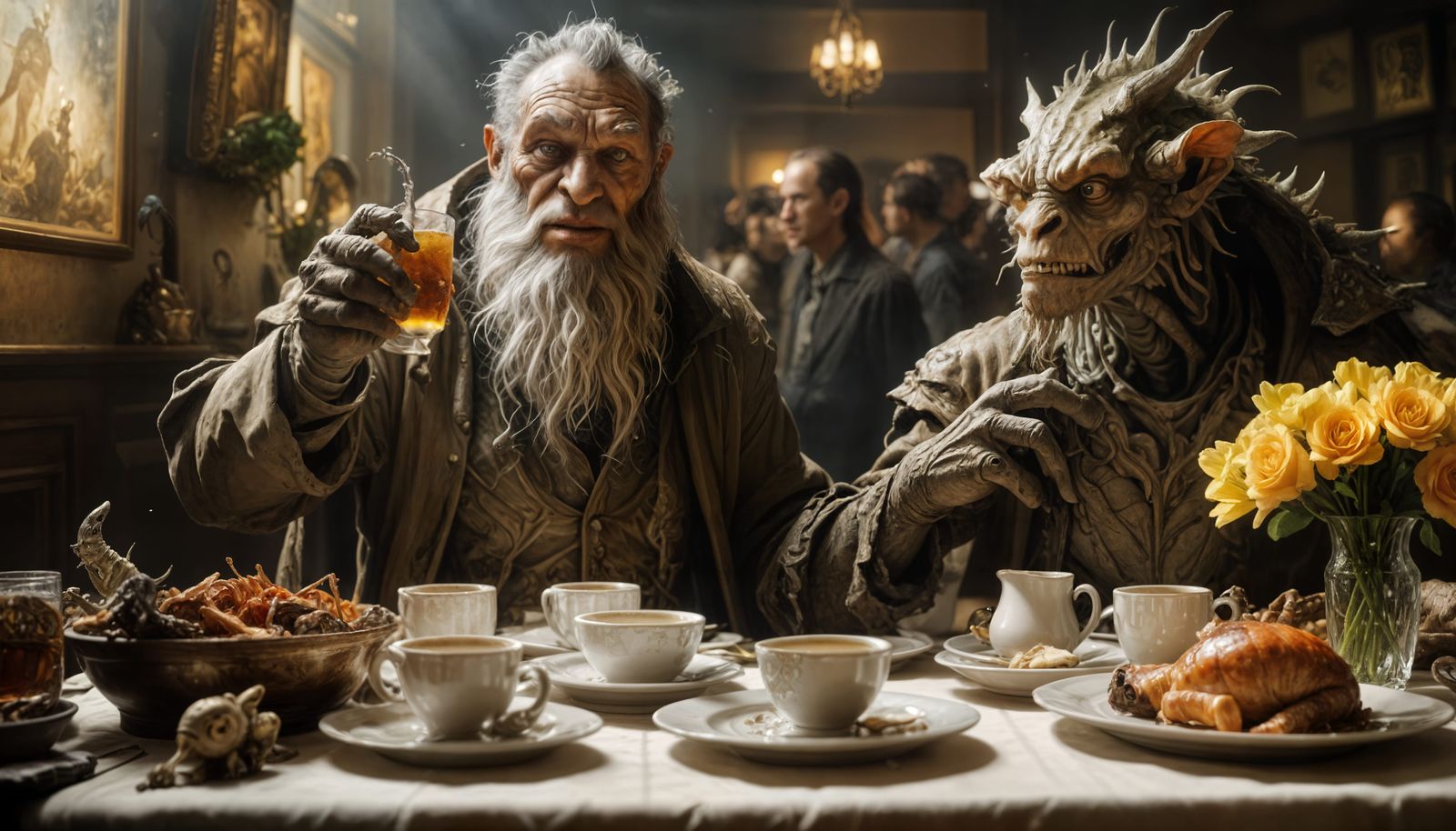 in a language, Not English, the Alien gentleman is telling his friend to COOL IT with the drunkenness... he is deeply a...