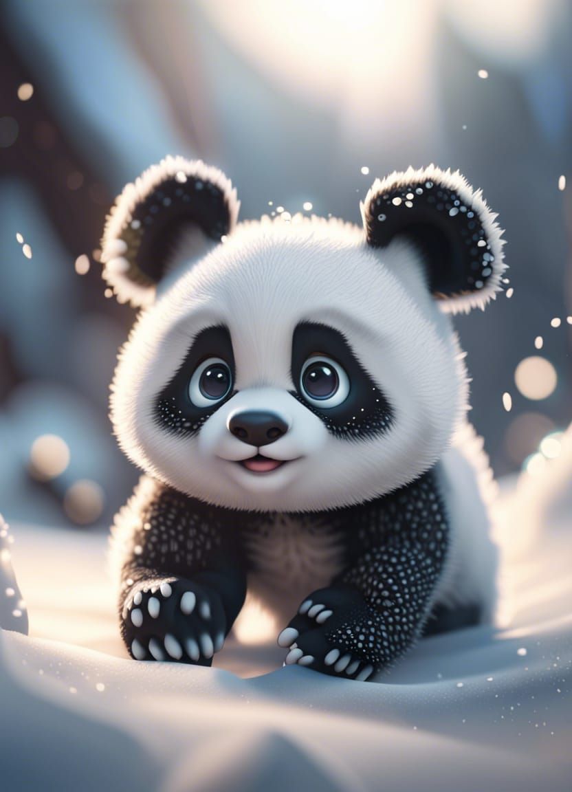 Cute Panda Cub Playing in Snow, Hyperrealistic