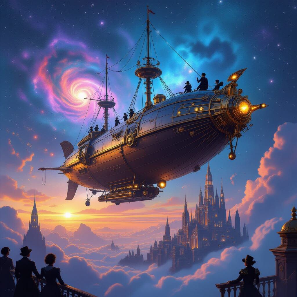 Steampunk Airship Soaring Through Nebula
