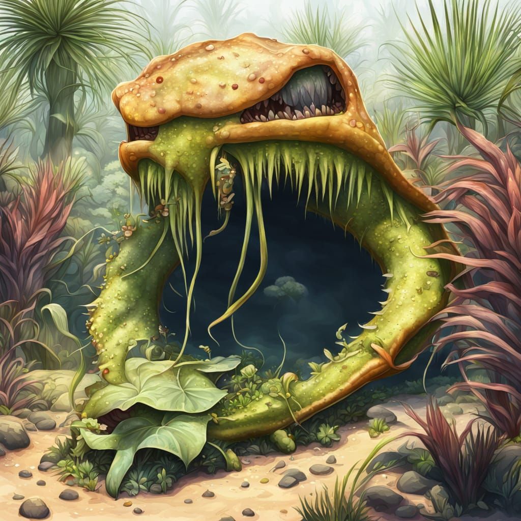 huge carnivorous plant laying ambush in an oasis, the plant'...