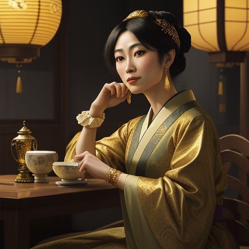 Regency Elegance: Woman Serving Coffee, Digital Art